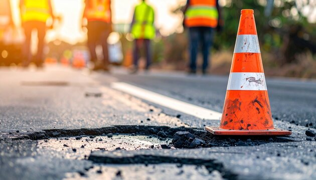Road construction scene with road cone and workers in background