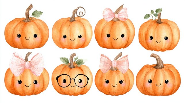 Cute watercolor pumpkins with smiling faces and accessories like bows and glasses, arranged in two rows. Perfect for autumn or Halloween themes.