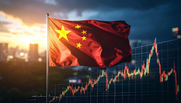 The Chinese flag waving prominently, set against a backdrop of financial graphs and city lights - Powered by Adobe