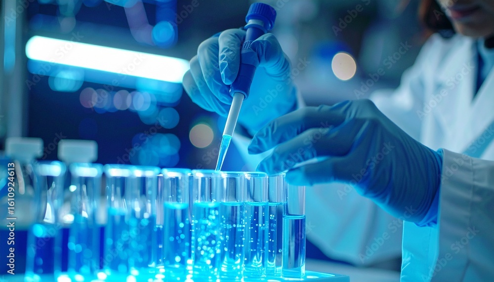 Poster a scientist meticulously working in a laboratory, adding a drop to a test tube. the scene is illumin