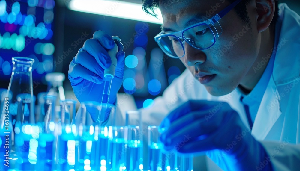 Poster a scientist in a laboratory working with test tubes and conducting experiments