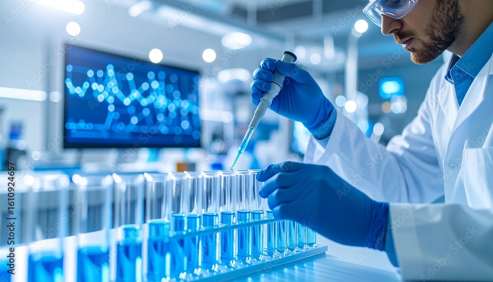 Poster a scientist carefully working with pipettes and test tubes in a modern laboratory setting. the scene