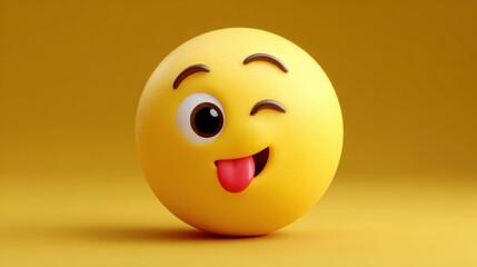 Fototapeta premium A playful 3D emoji with a winking eye and tongue out, set against a yellow background, expressing fun and mischief.