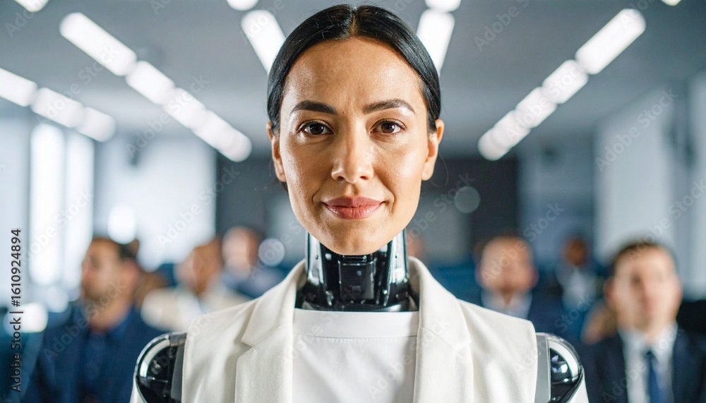 Poster a business meeting with an androgynous robotic being, emphasizing the fusion of technology and the w