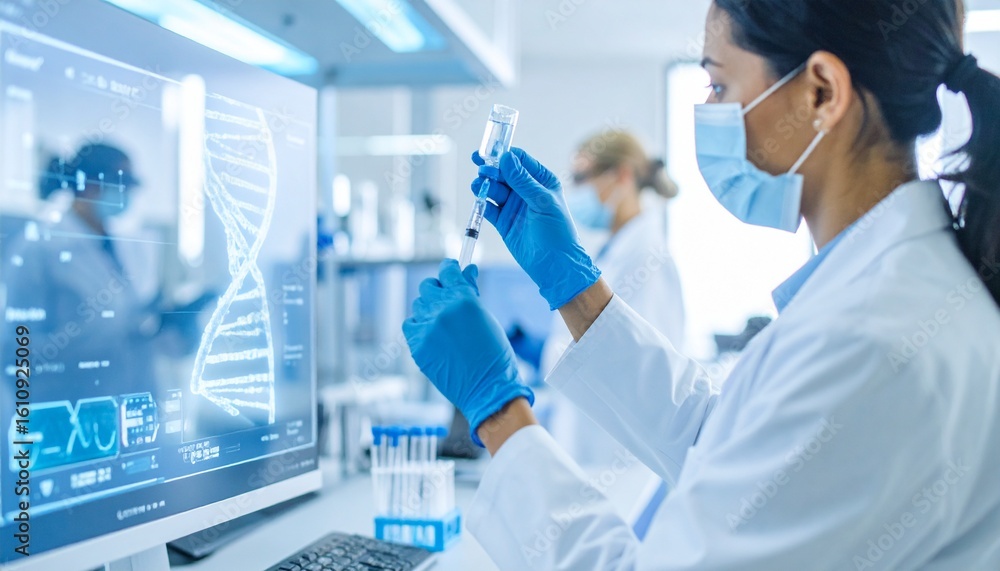 Poster scientist at work in a modern laboratory with high-tech equipment. researching a biological dna sequ