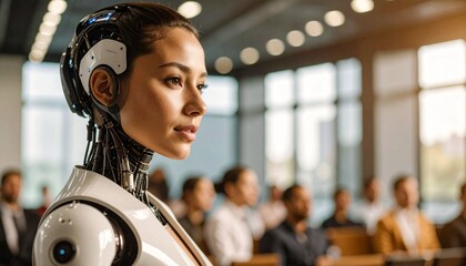 An AI-enhanced woman is standing at a meeting. The woman is a combination of human and artificial intelligence.  The image shows a conference scene with artificial intelligence in a formal meeting