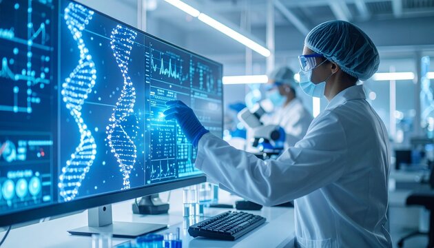 A scientist examining DNA structure on a computer monitor in a laboratory - Powered by Adobe