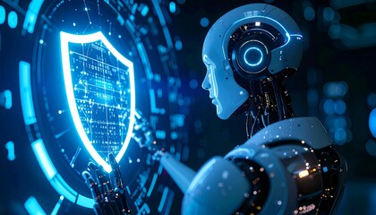 A robot standing in front of a digital shield. A robot holding a shield. Cybersecurity and data protection concept. Technological Innovation, security network 