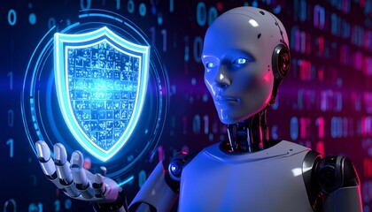 A futuristic robot holding a glowing shield, symbolizing digital security and protection against cyber threats. The image is enhanced with binary code in the background.