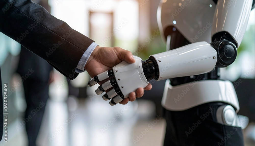 Poster a human and a robot handshaking each other in a business setting, representing technology and collab