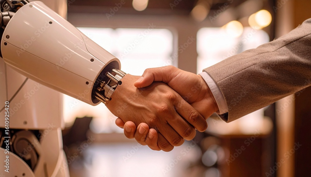 Aufkleber a symbolic handshake between a robot and a person representing the future of business