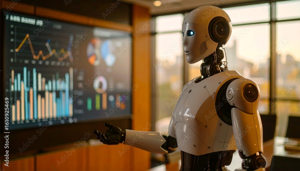 Aufkleber a realistic robot presenting business data on a screen in an office