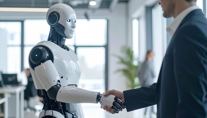 A man and a robot shaking hands in an office setting, symbolizing partnership and technology