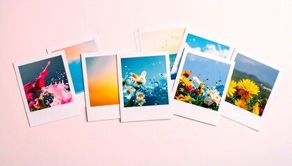 Polaroid-style photos of nature and splash art on a pastel background