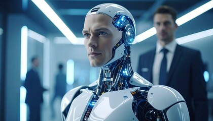 A detailed look at a cyborg and a man in a suit in the background, capturing the essence of futuristic technology and human interaction. The cyborg's metallic features contrast with the human form.