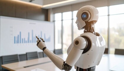An AI robot presenting data analysis in a modern meeting room