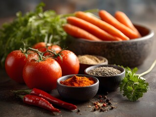 Fresh tomatoes, carrots, spices, and herbs arranged on a dark table.