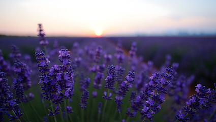 Obraz premium Purple lavender field at sunset nature