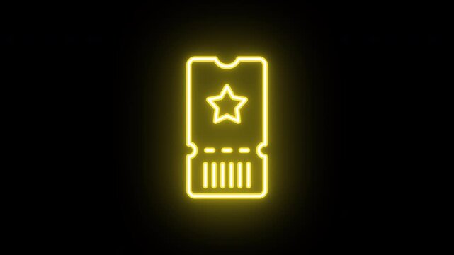 Neon ticket icon animation, uniform rotation with color blink. Glowing neon 3D ticket icon, looped spin with blink. Music admission pass, cinema ticket, lottery coupon, early access pass. 4 colors