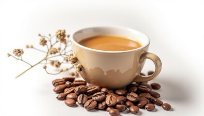 Obraz premium Warm Coffee Mug with Roasted Beans and Delicate Dried Flowers on White