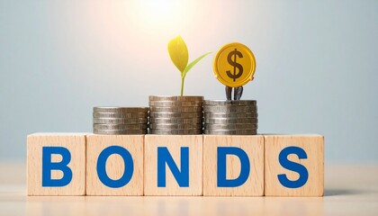 Financial bonds with a stack of coins and a growing plant. This image shows the concept of bonds and financial growth