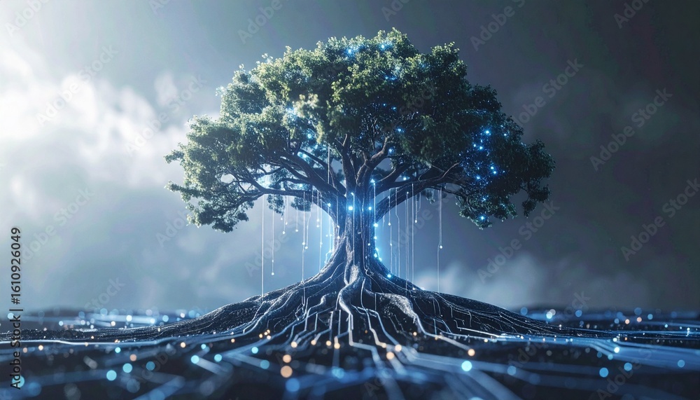 Aufkleber a conceptual image depicting a digital tree with illuminated roots, symbolizing interconnectedness