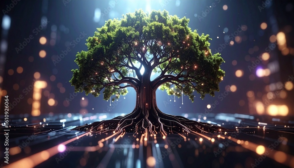Poster a digital tree symbolizing the connection between technology and nature, with glowing lights, abstra