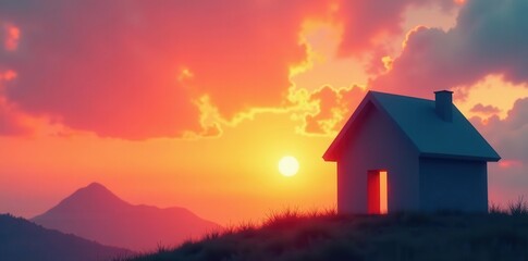 Modern open house banner with key and house silhouette, simple, black and white, abstract