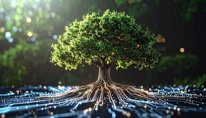 A beautiful tree symbolizing the connection between nature and technology. The tree's roots intertwine with a circuit board, representing the fusion of the natural and digital worlds.