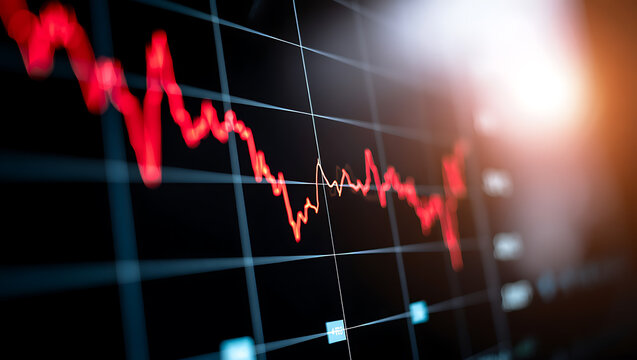 Red financial graph falling down on dark screen stock market red line
