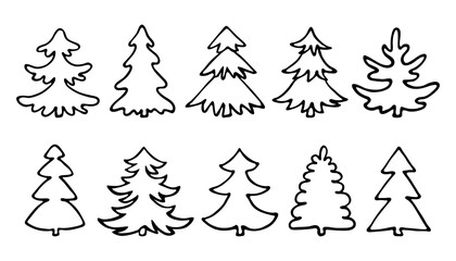 Hand drawn line fir tree set, black outline isolated on white. Different shapes of fir, drawing  in minimal doodle style. Vector and png clipart,  Christmas and New year design, woodland illustration.