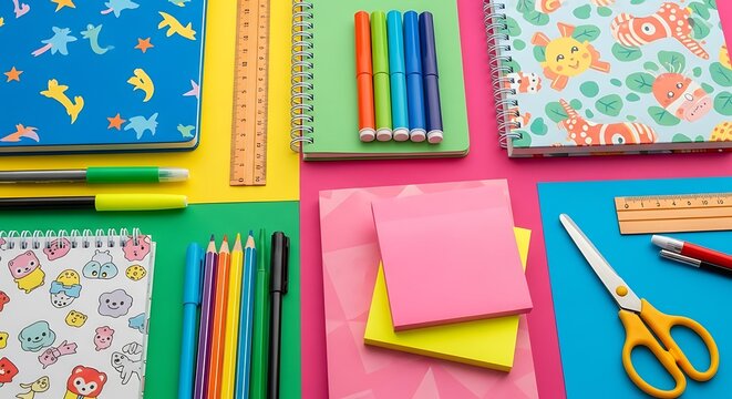 A vibrant flat lay of school supplies featuring notebooks pens rulers and scissors on colorful backgrounds