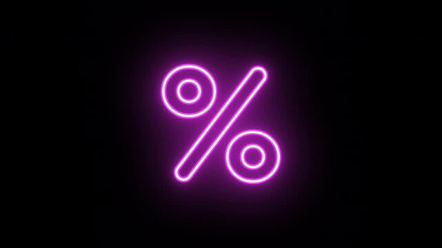 Neon percent sign animation, uniform rotation with color blink. Glowing neon 3D percentage icon, looped spin with blink. Promo sale, shopping, percent tag, discount price, percentage rate. 4 colors