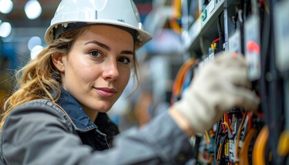 A female technician working on electrical systems, focused and confident