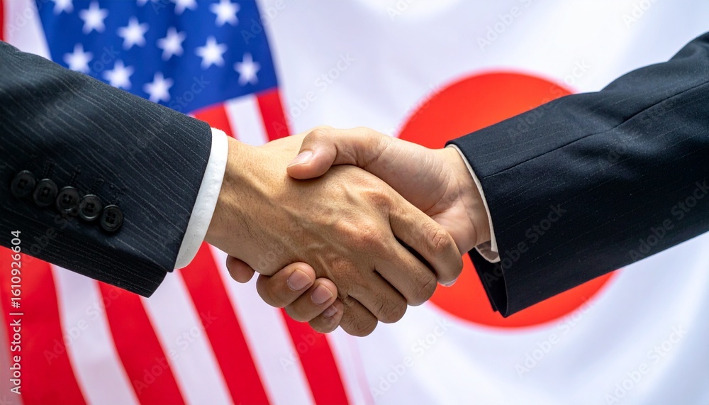 Poster symbolizing unity and cooperation, a handshake between two individuals against the backdrop of the a