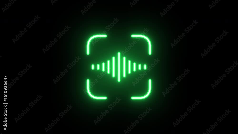 Poster neon voice scan icon animation, uniform rotation with color blink. glowing neon 3d sound wave icon, 