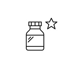 Bottle of pills and star. Trusted medicine, top-rated treatment. Preferred prescription, certified drugs. Pixel perfect, editable stroke vector icon