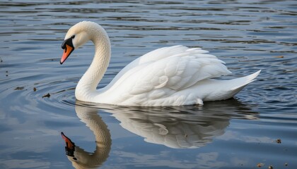 Naklejka premium Graceful white swans swim on a beautiful blue lake, their reflections shimmering in the water
