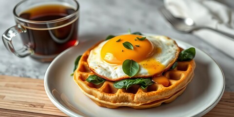 Golden-fried egg atop spinach waffles, beside espresso,  food photography,  restaurant