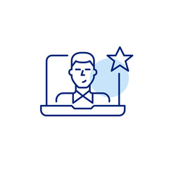 Man on laptop and star. Top remote worker, online conference. Tutoring and teaching. Virtual conference. Pixel perfect, editable stroke vector icon