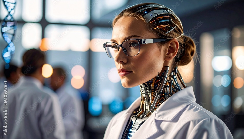 Poster a beautiful cyborg scientist portrait with a futuristic look in a lab setting