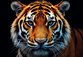 Fototapeta premium Intense gaze of a tiger, close-up headshot against a dark backdrop, focus, forest