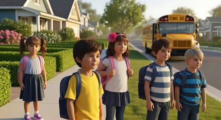 Children waiting for the school bus on a sunny morning in a suburban neighborhood with backpacks on