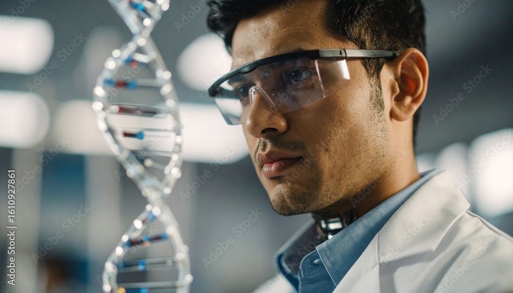 Aufkleber a scientist meticulously examining a dna double helix in a laboratory setting. the scientist is focu