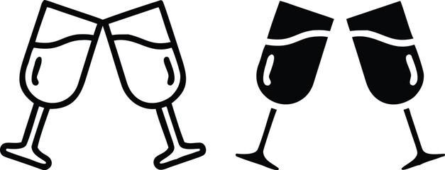 Clinking Wine Glasses Icons – Black and White Toast Vector Silhouette Illustration