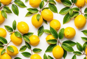 Obraz premium Lemons and leaves repeat in a vibrant, fresh pattern on white, healthy, background