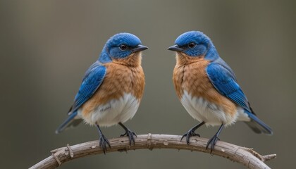 Fototapeta premium Colorful blue robins perch together on a branch, showcasing their vibrant feathers in nature's wild garden