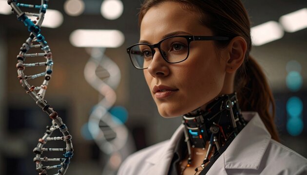 A female scientist studying a DNA strand with a cyborg neck. The woman is focused, engaged, wearing glasses and lab coat