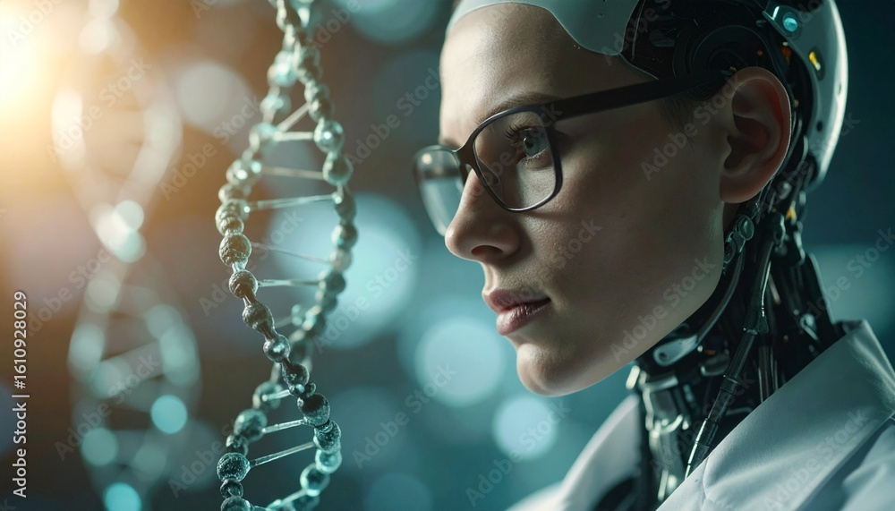 Poster a robot scientist in a lab, examining a dna strand