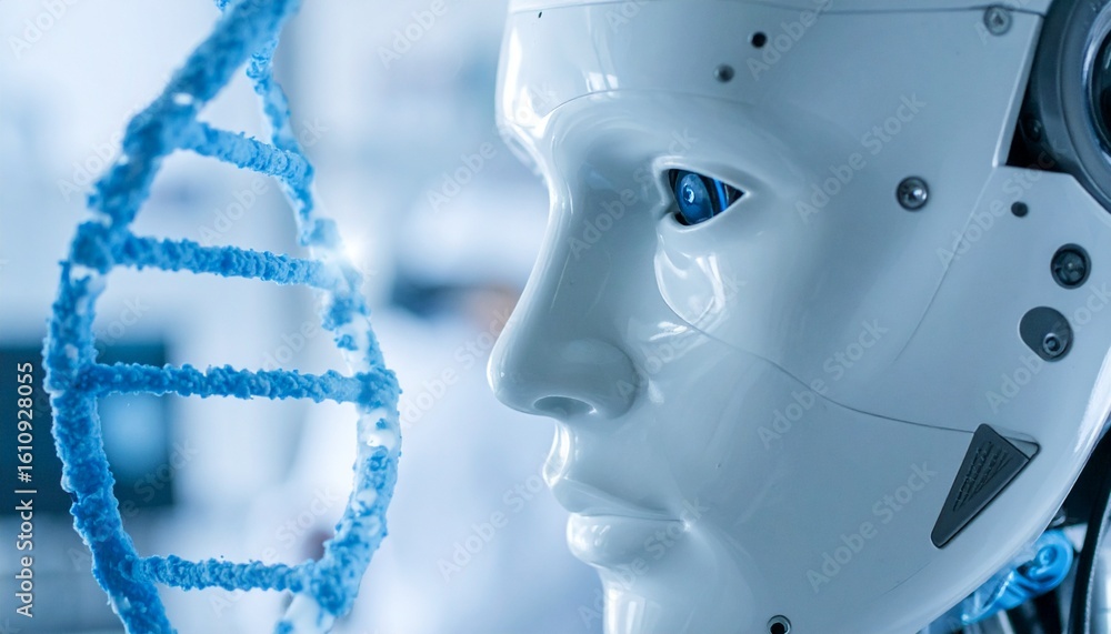 Aufkleber an advanced robot's profile with a focus on the face, juxtaposed with a dna model. the image conveys